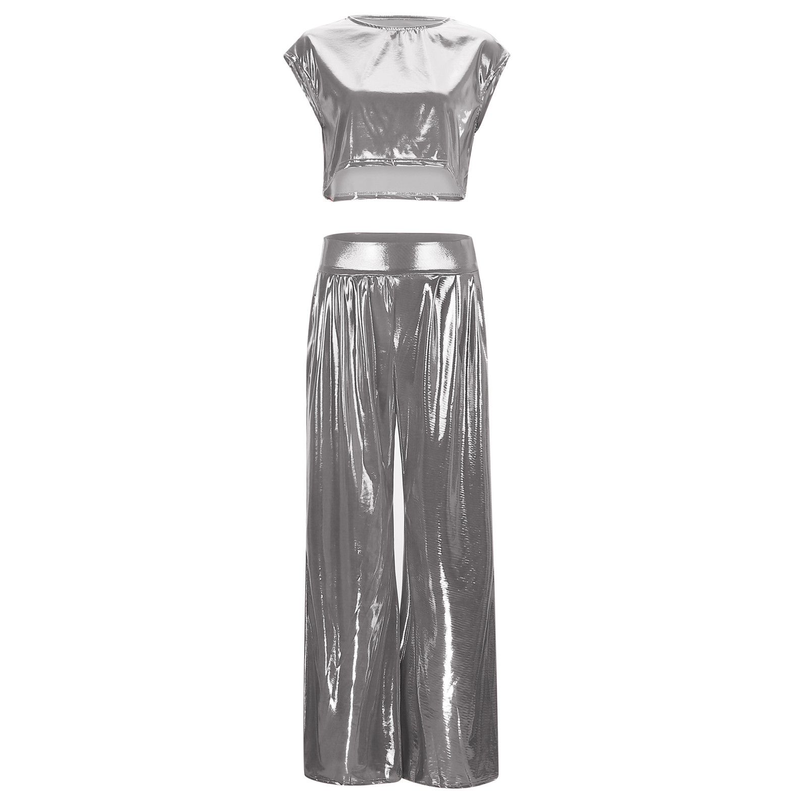 thumbnail image 4 of Conjunto de dos piezas para mujer con chaleco brillante y pantalones anchos: conjunto de top corto sin mangas y cuello redondo, tallas S-XXXXXL, 4 of 8